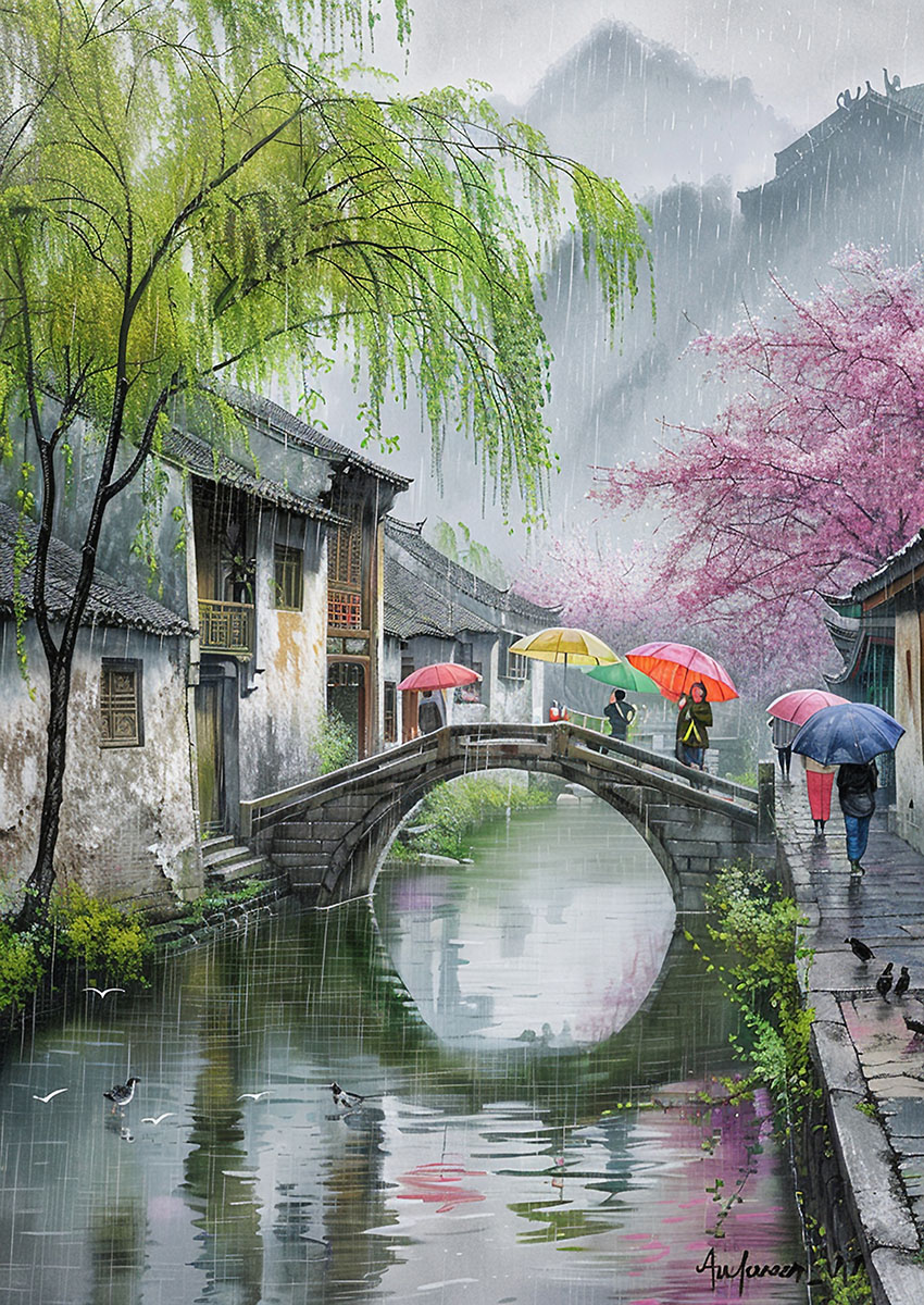 Tranquil Zen art landscape featuring a bridge and umbrellas in the rain